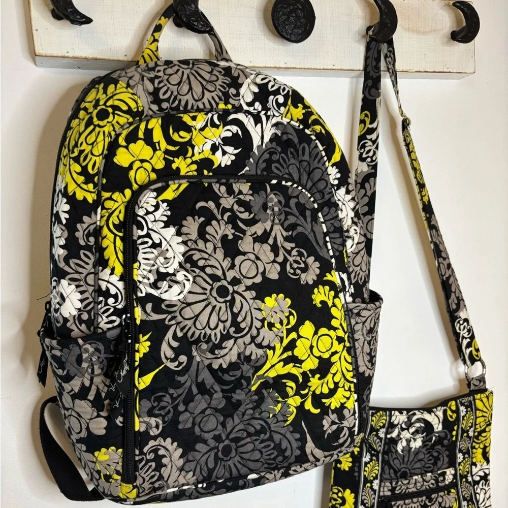 Vera Bradley Black Gray Yellow Floral Backpack & Crossbody Set